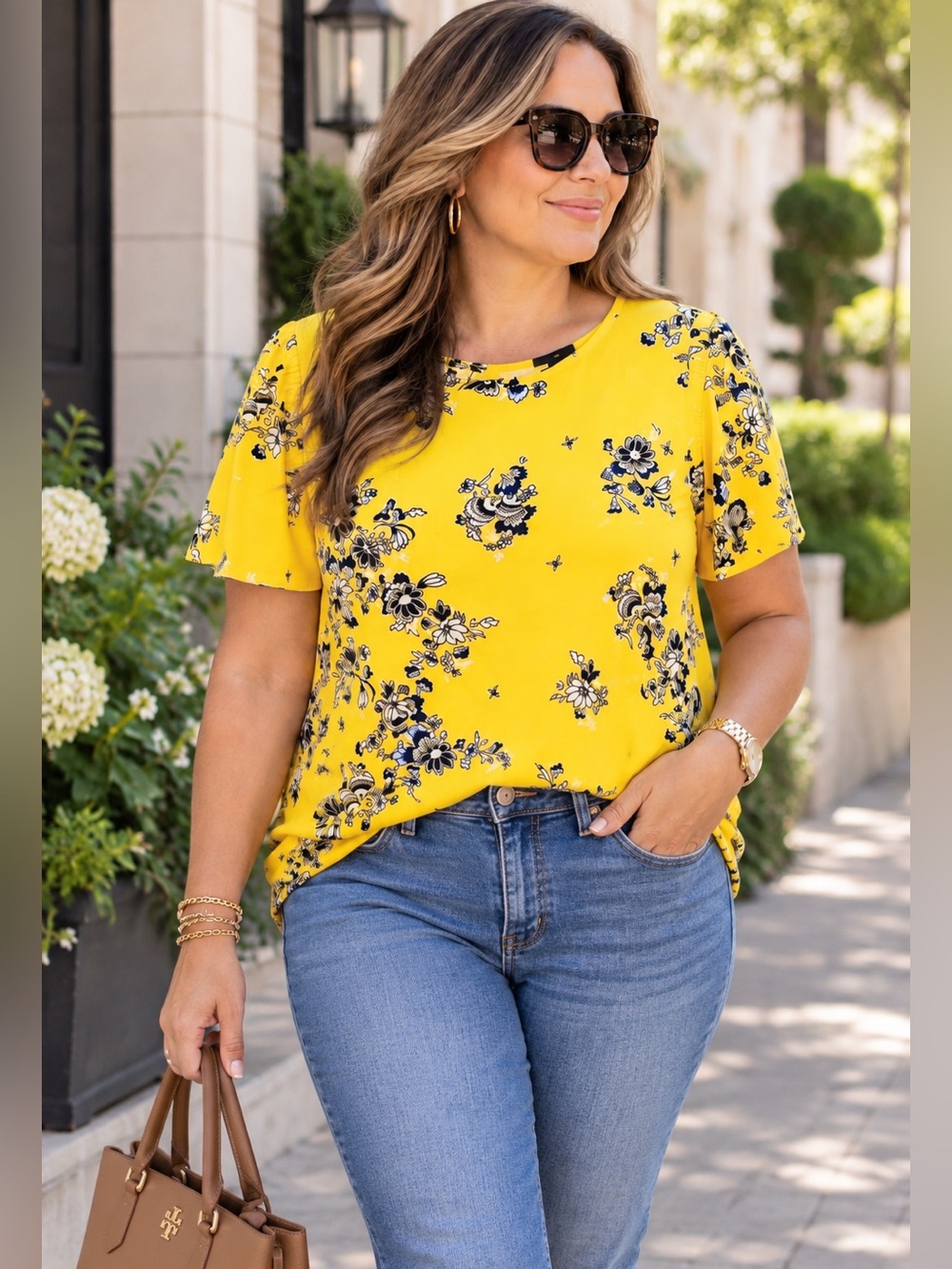 Ann Taylor Yellow Floral Blouse Top Blue Navy White Short Sleeve XL